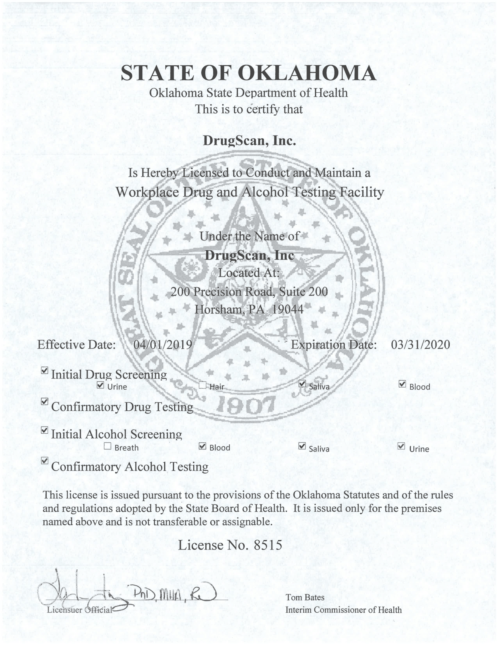 State of Oklahoma Workplace Drug and Alcohol Testing Facility License