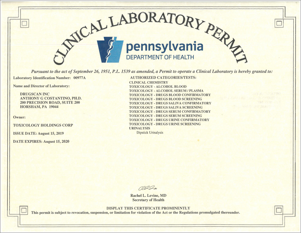 State of Pennsylvania Laboratory Permit